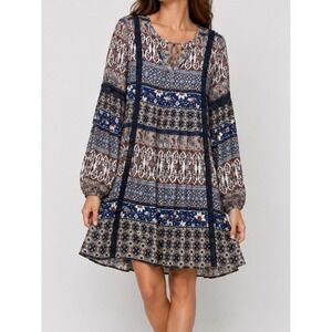 Altar'd State Womens Blue Paisley Floral Crochet Trim V-Neck Mini Dress Medium